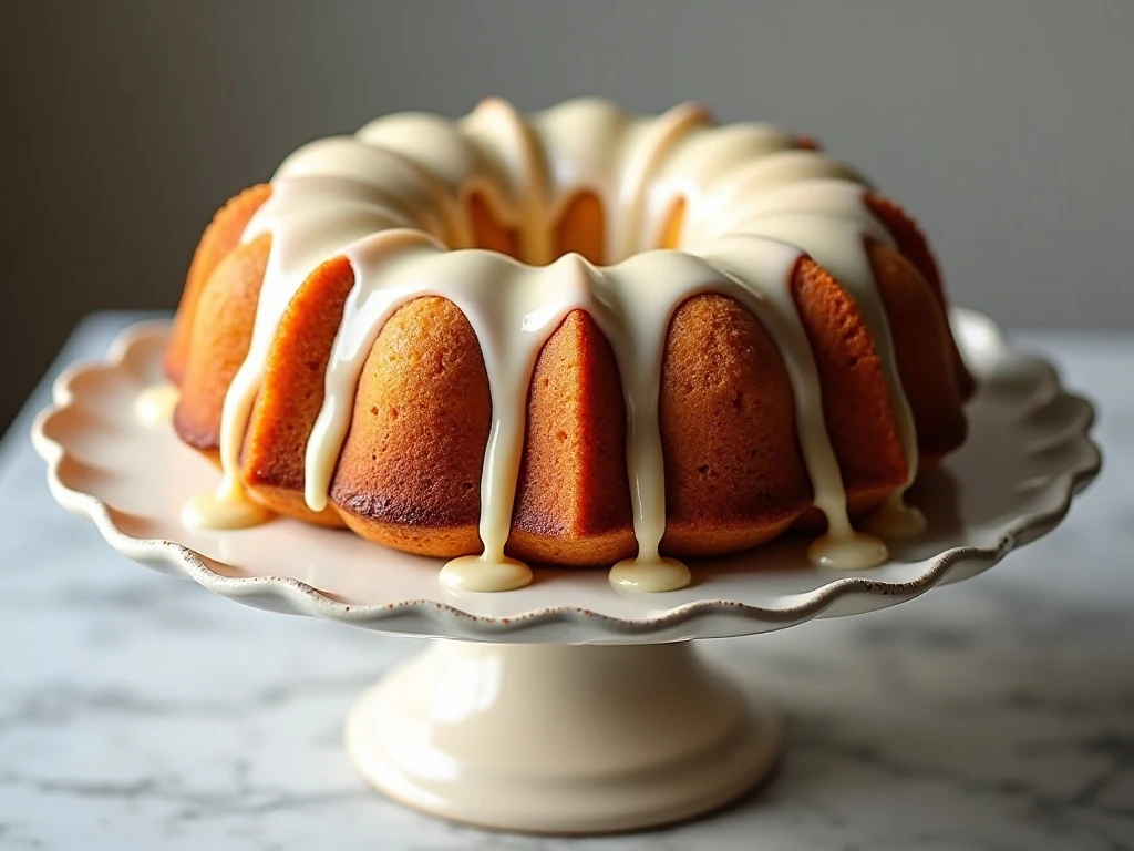 Glazed triple vanilla pound cake on a cake stand