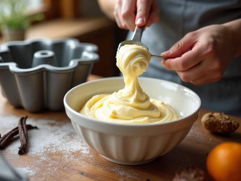 Preparing vanilla pound cake batter in a mixing bowl