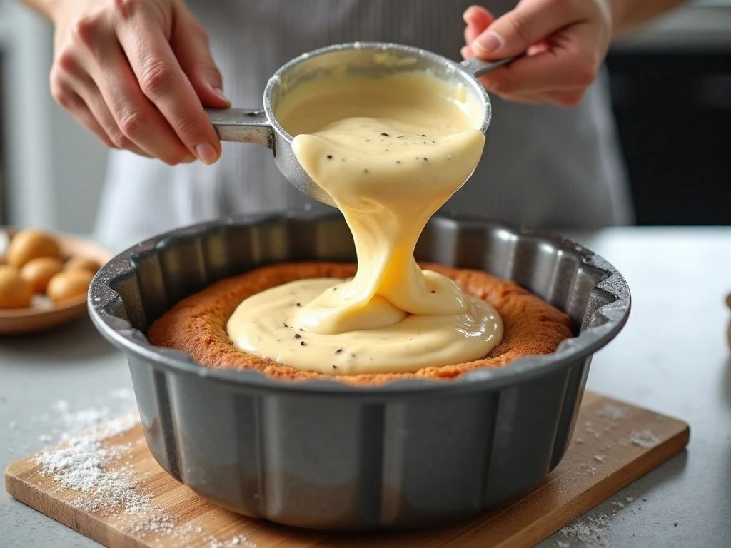 Vanilla pound cake batter in a prepared Bundt pan