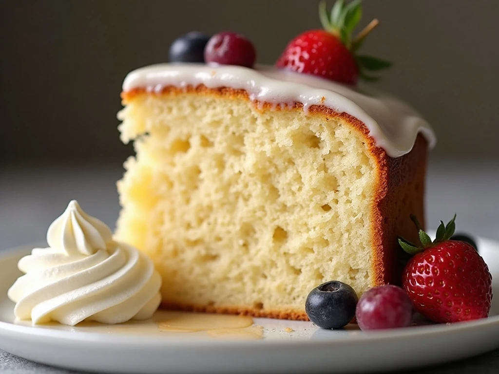 Slice of vanilla pound cake served with berries and cream