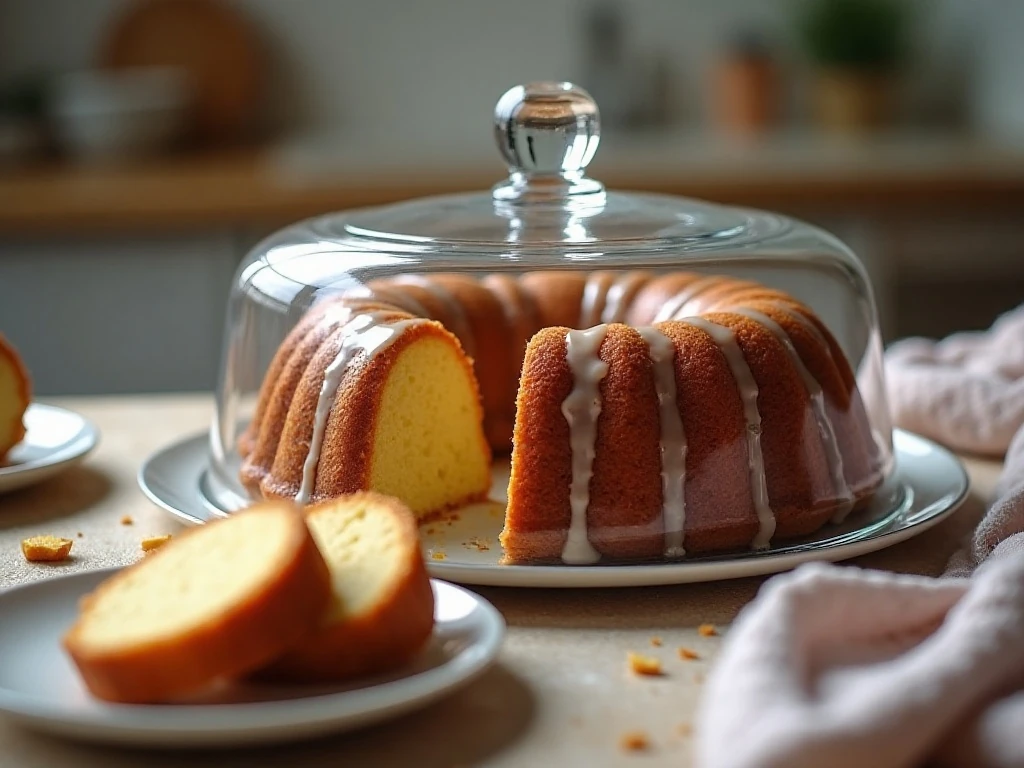 Triple vanilla pound cake stored under a cake dome