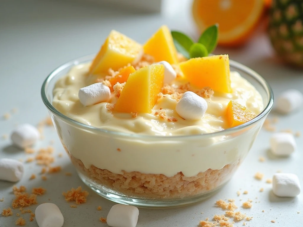 Creamy tropical cheesecake salad in a serving bowl