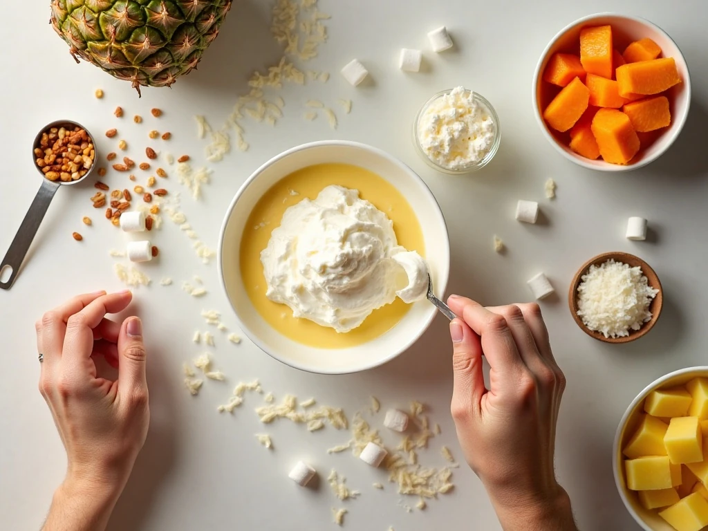 Ingredients for creamy tropical cheesecake salad
