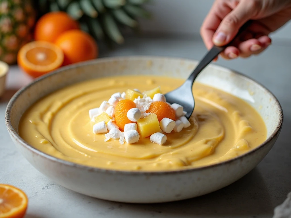 Folding tropical fruit and marshmallows into cheesecake salad