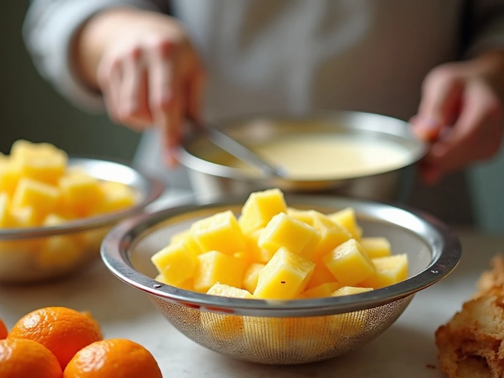 Well-drained fruit prepared for cheesecake salad