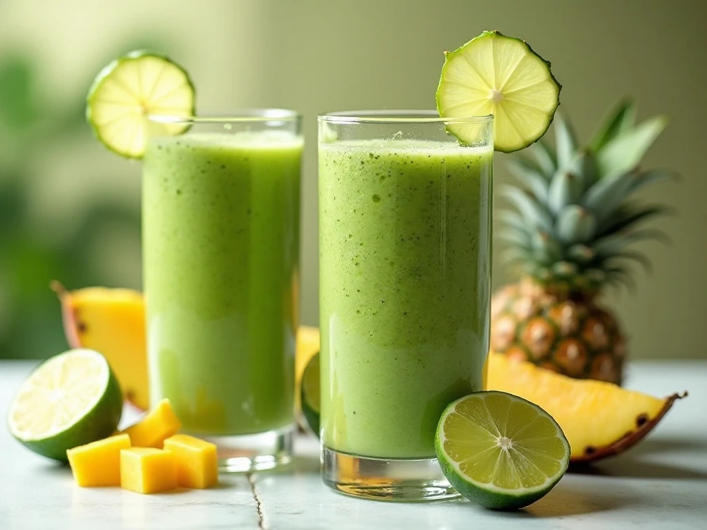 Two creamy tropical green smoothies served with lime and tropical fruit