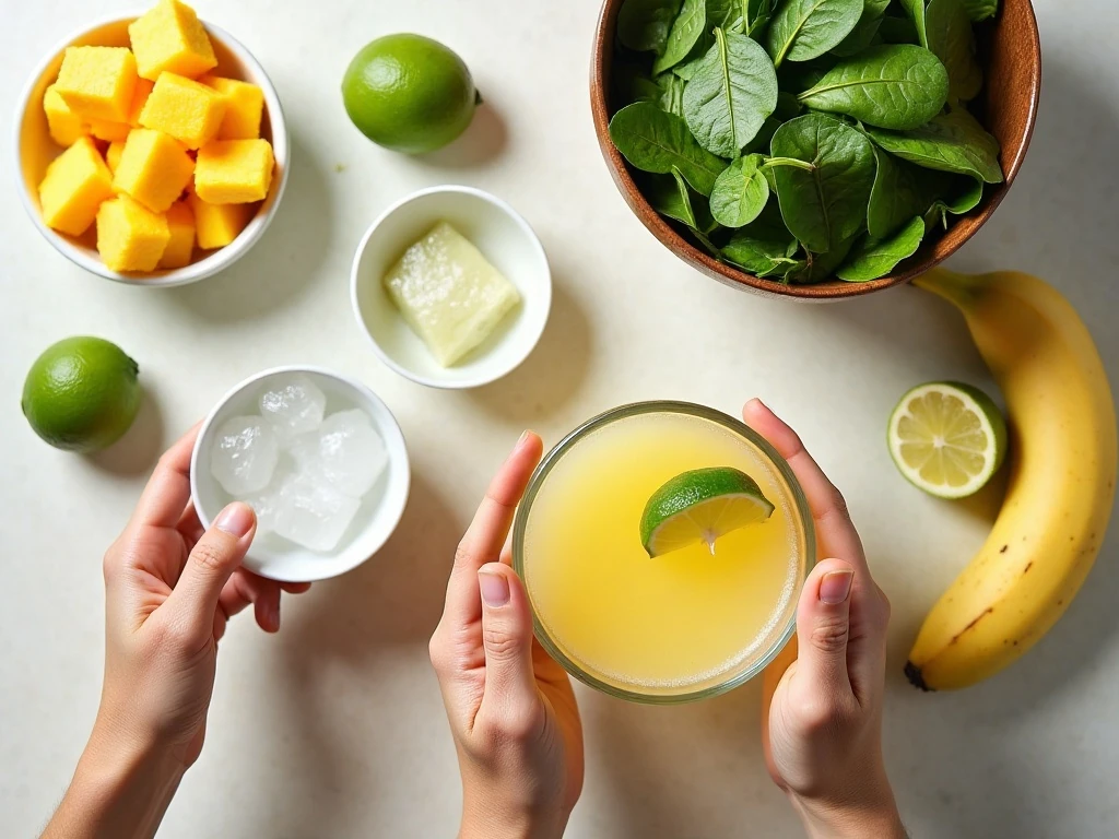 Ingredients for a tropical green smoothie arranged on a counter