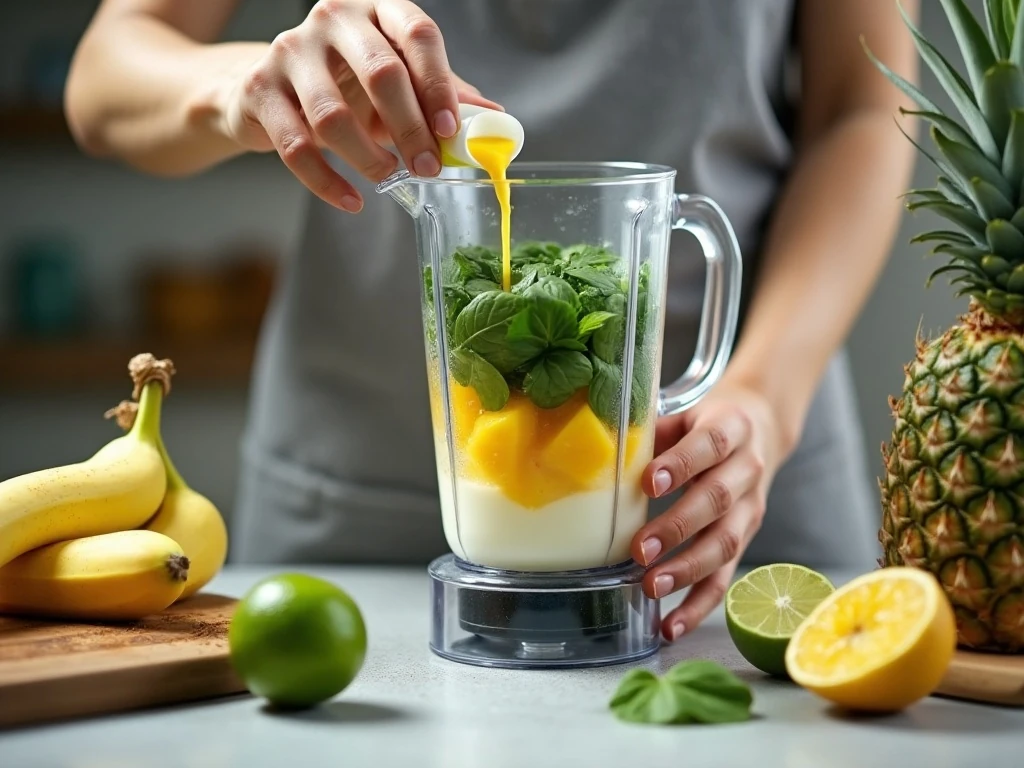Tropical green smoothie ingredients being added to a blender