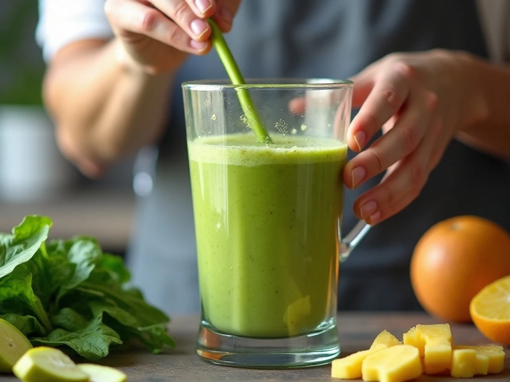 Blender creating a smooth creamy green smoothie texture