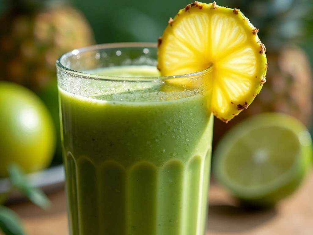 Close-up tropical green smoothie with lime garnish