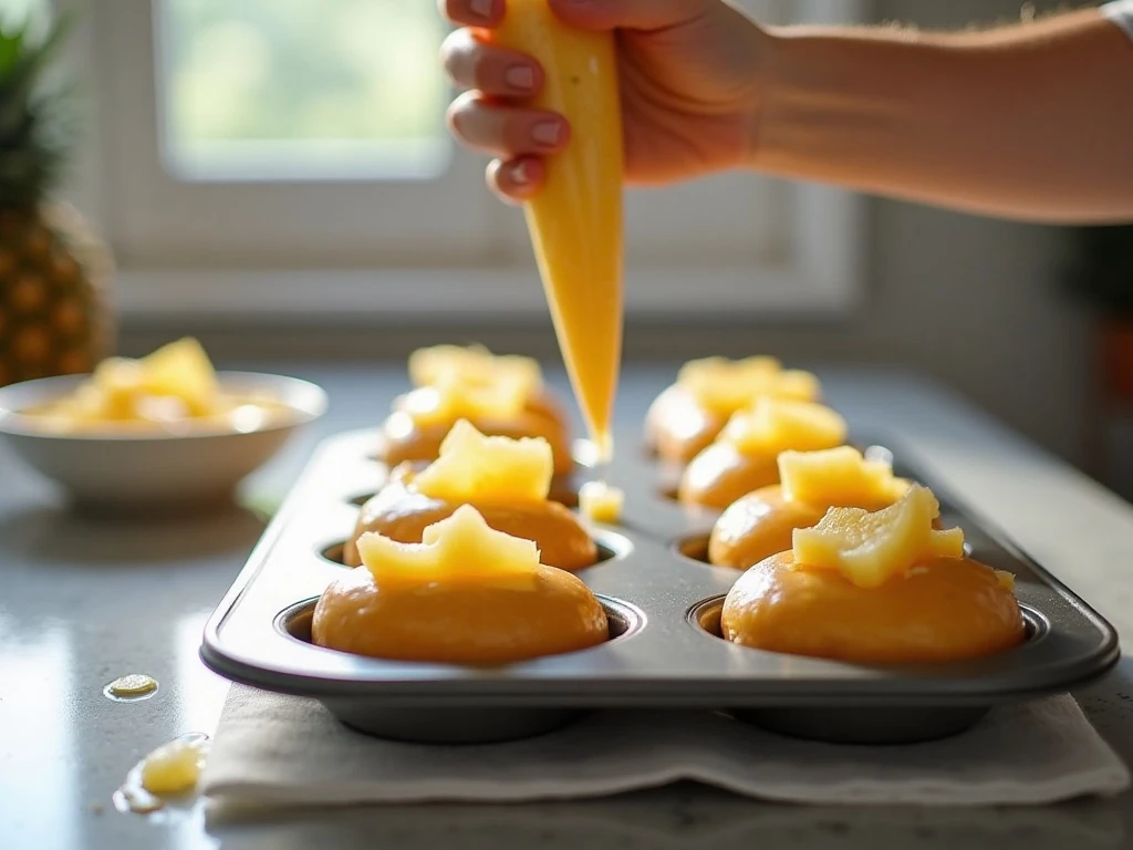 Piping pineapple doughnut batter into a prepared doughnut pan