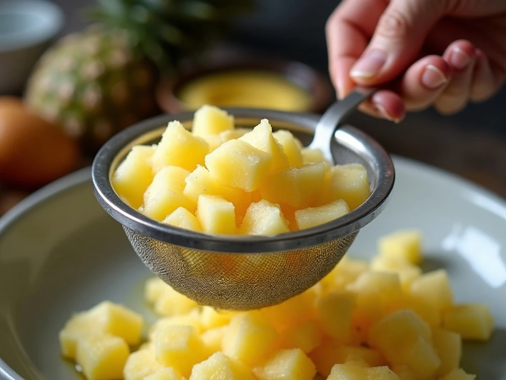 Draining crushed pineapple thoroughly for baked doughnut batter