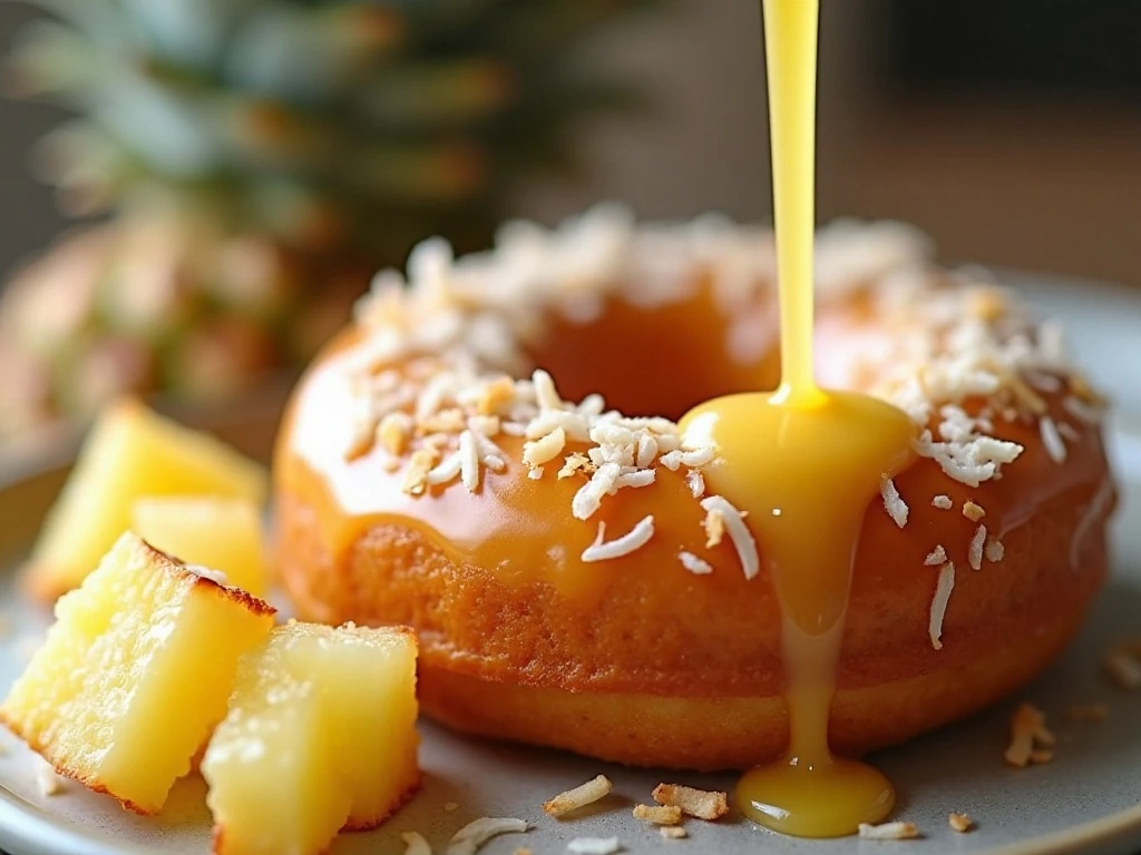 Glossy pineapple glaze and toasted coconut topping on a baked doughnut