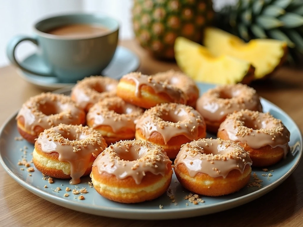 Platter of glazed tropical pineapple doughnuts ready to serve