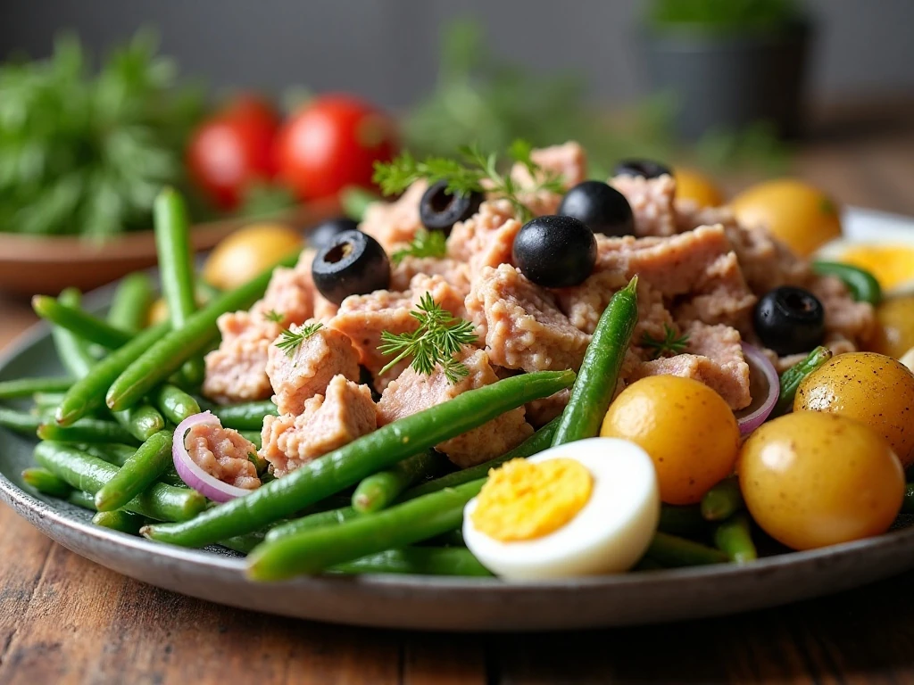 Colorful tuna, green bean and potato salad served on a platter