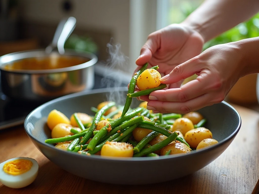 Warm potatoes and green beans being tossed with vinaigrette