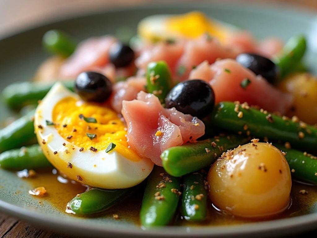 Close-up of dressed potatoes, green beans, tuna and egg