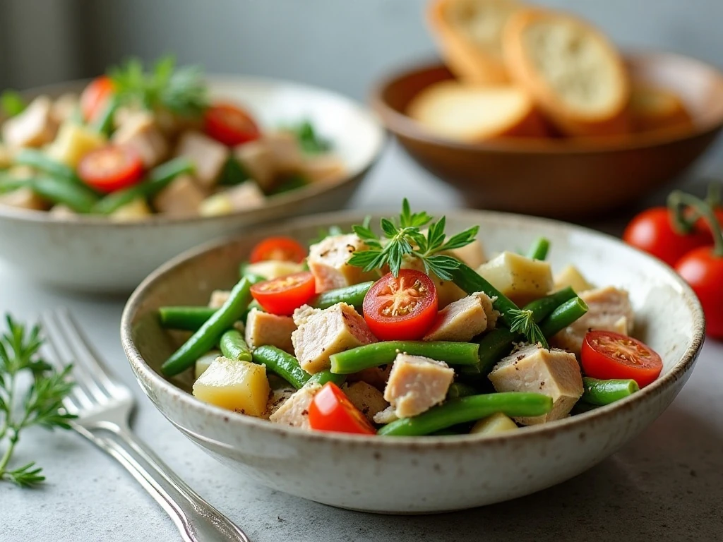 Individual servings of tuna potato salad with bread
