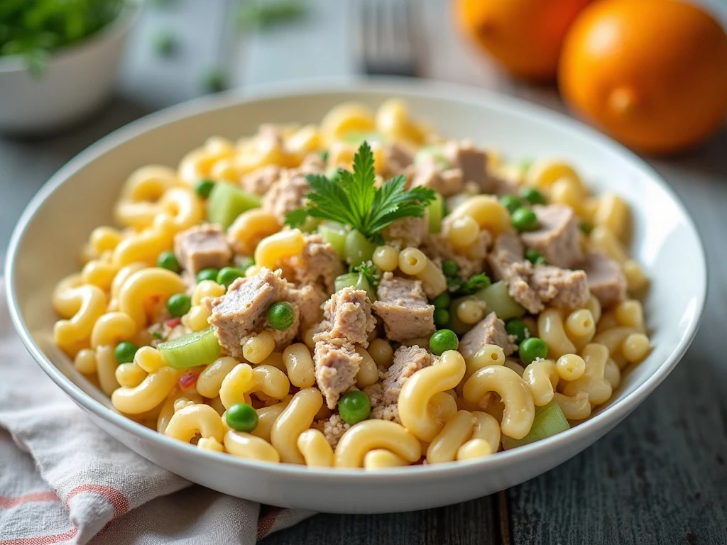Classic tuna macaroni salad served in a bowl for a picnic