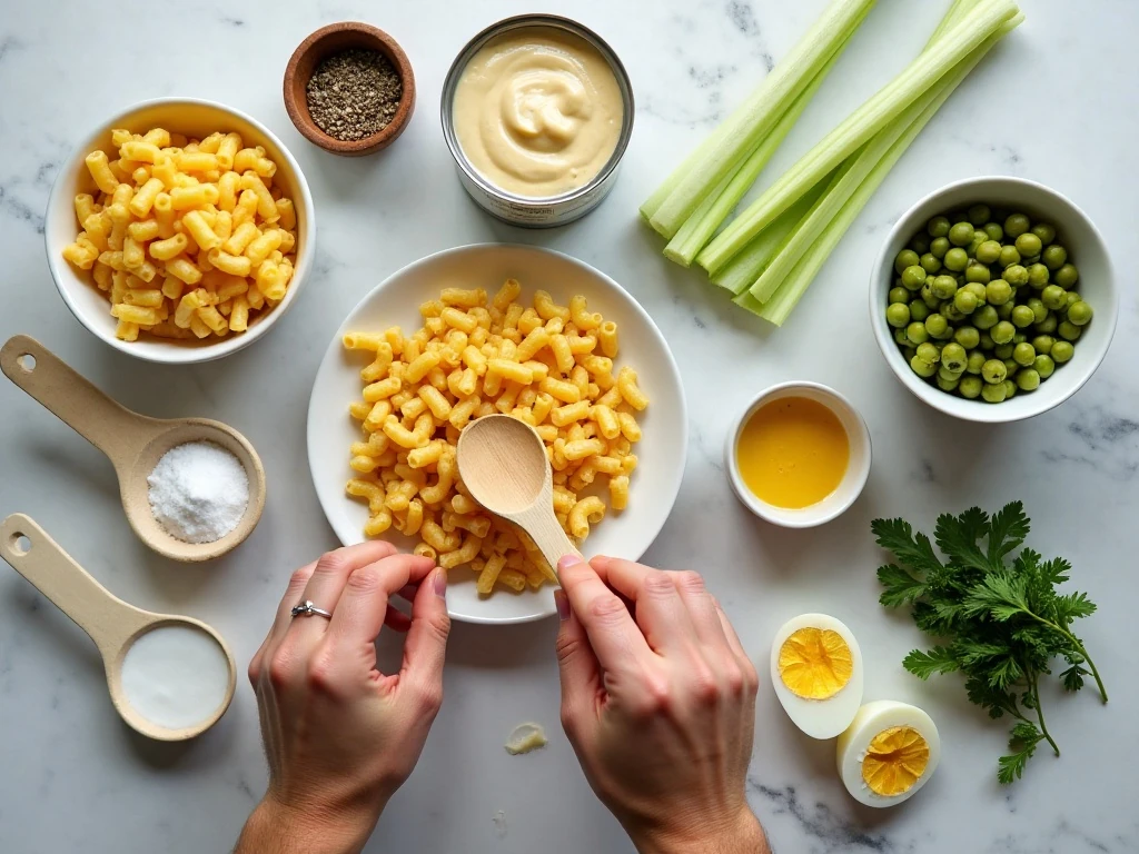 Ingredients for classic tuna macaroni salad arranged on a kitchen counter
