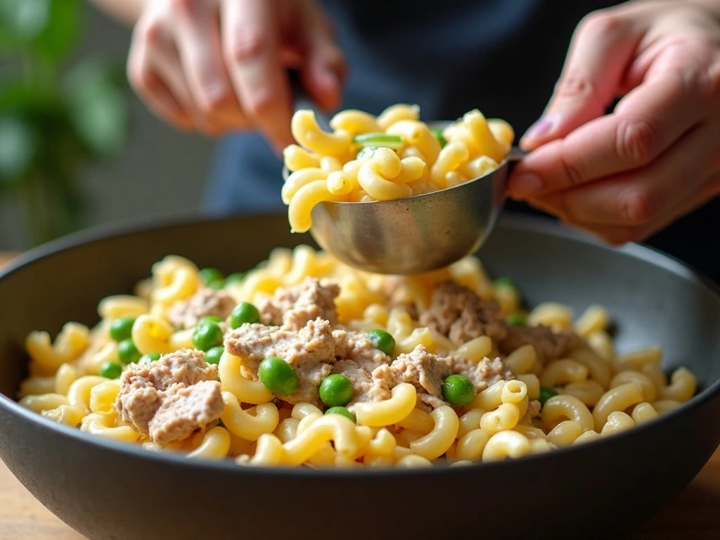 Macaroni salad ingredients being gently mixed in a bowl