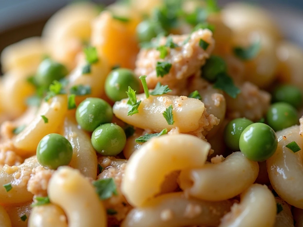 Close-up of tuna macaroni salad with parsley garnish