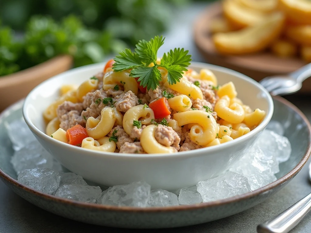 Chilled tuna macaroni salad prepared for buffet serving