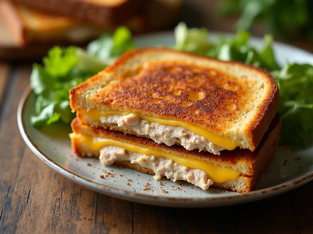 Golden tuna melt sandwiches served with a fresh side salad