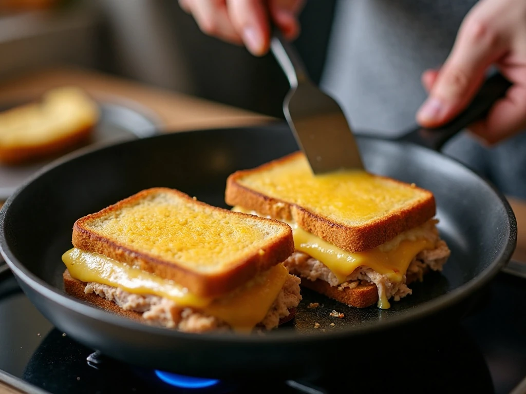 Tuna melt sandwiches cooking in a skillet until golden and crisp