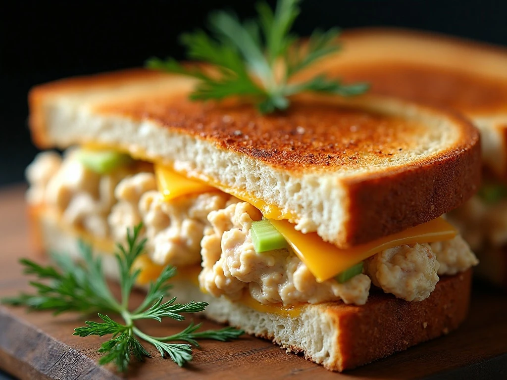 Close-up of the crisp bread and creamy filling in a tuna melt