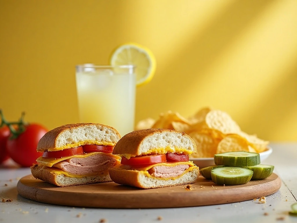 Tuna melt lunch served with pickles, vegetables, and chips
