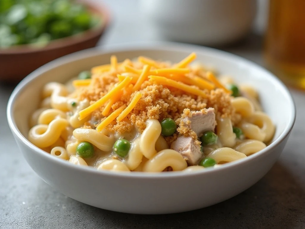 Creamy tuna noodle casserole served with golden breadcrumbs and melted cheddar