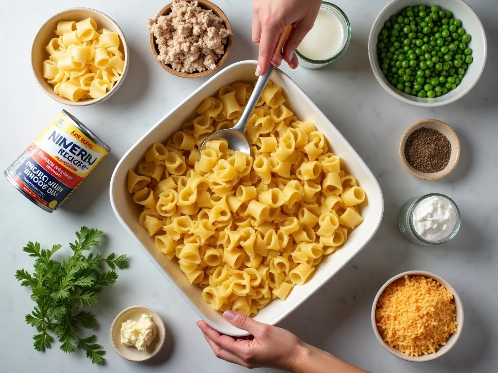 Ingredients for easy tuna noodle casserole arranged on a kitchen counter
