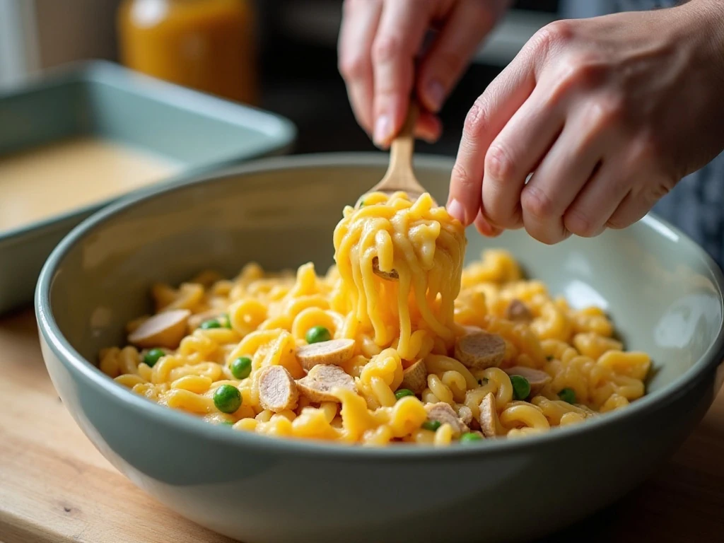 Mixing noodles, tuna, peas, cheese, and creamy soup for casserole