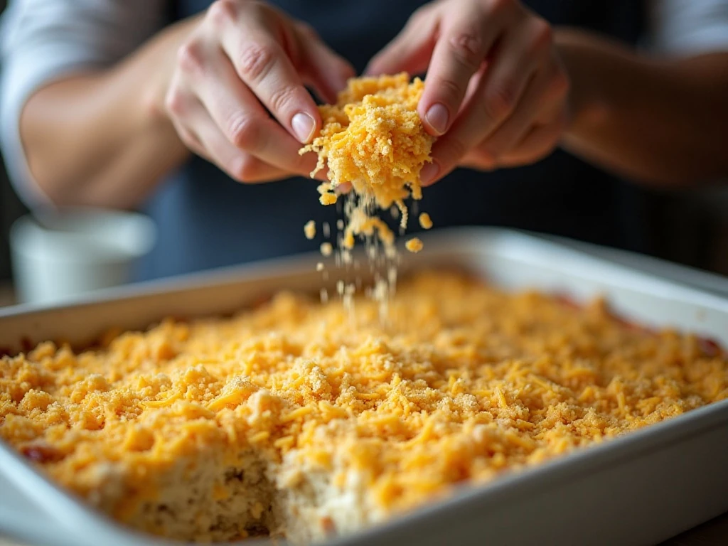 Buttery breadcrumbs and cheddar topping added to tuna noodle casserole