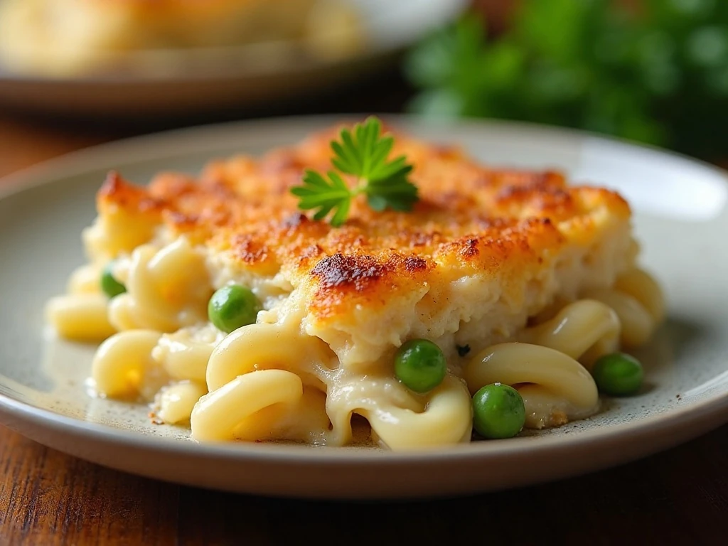 Reheated tuna noodle casserole with crisp topping and peas