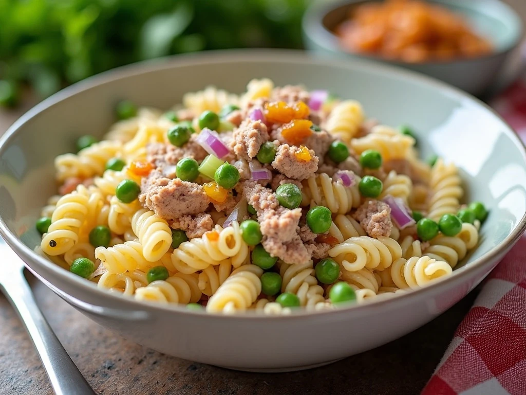 Creamy tuna pasta salad in a serving bowl with peas and crunchy vegetables