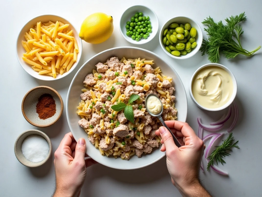 Ingredients for easy tuna pasta salad arranged in a flat lay