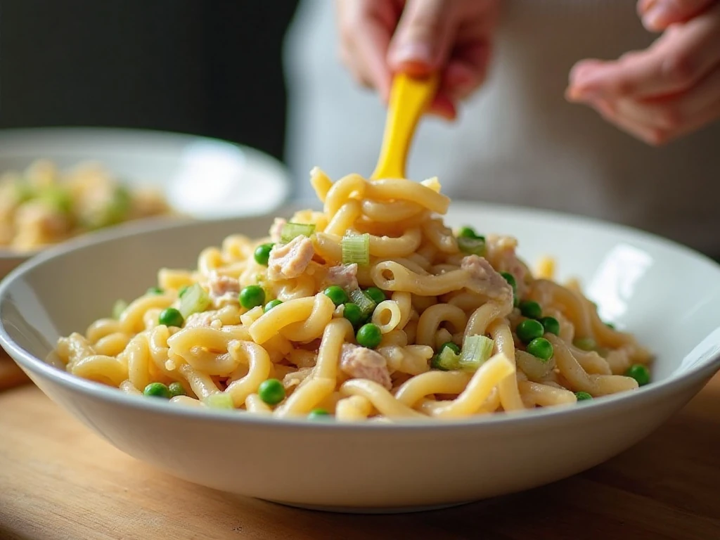 Mixing pasta, tuna, vegetables, and creamy dressing for tuna pasta salad