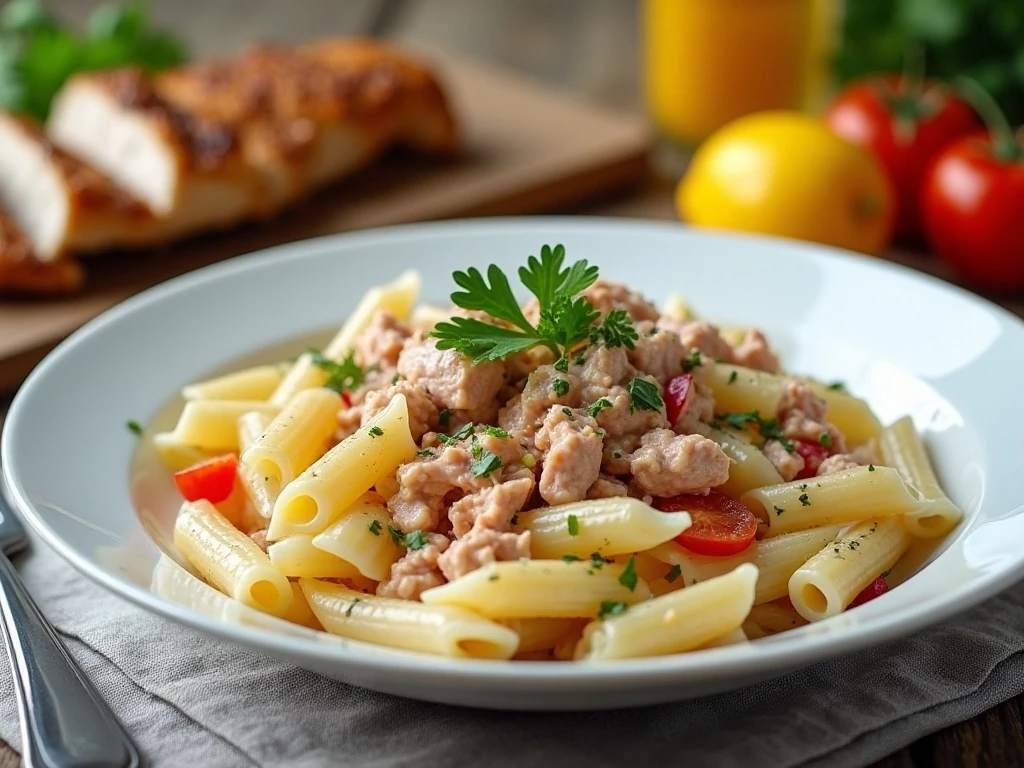 Tuna pasta salad served as a colorful side dish for a summer meal
