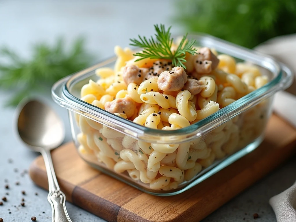 Chilled tuna pasta salad stored for a make-ahead meal