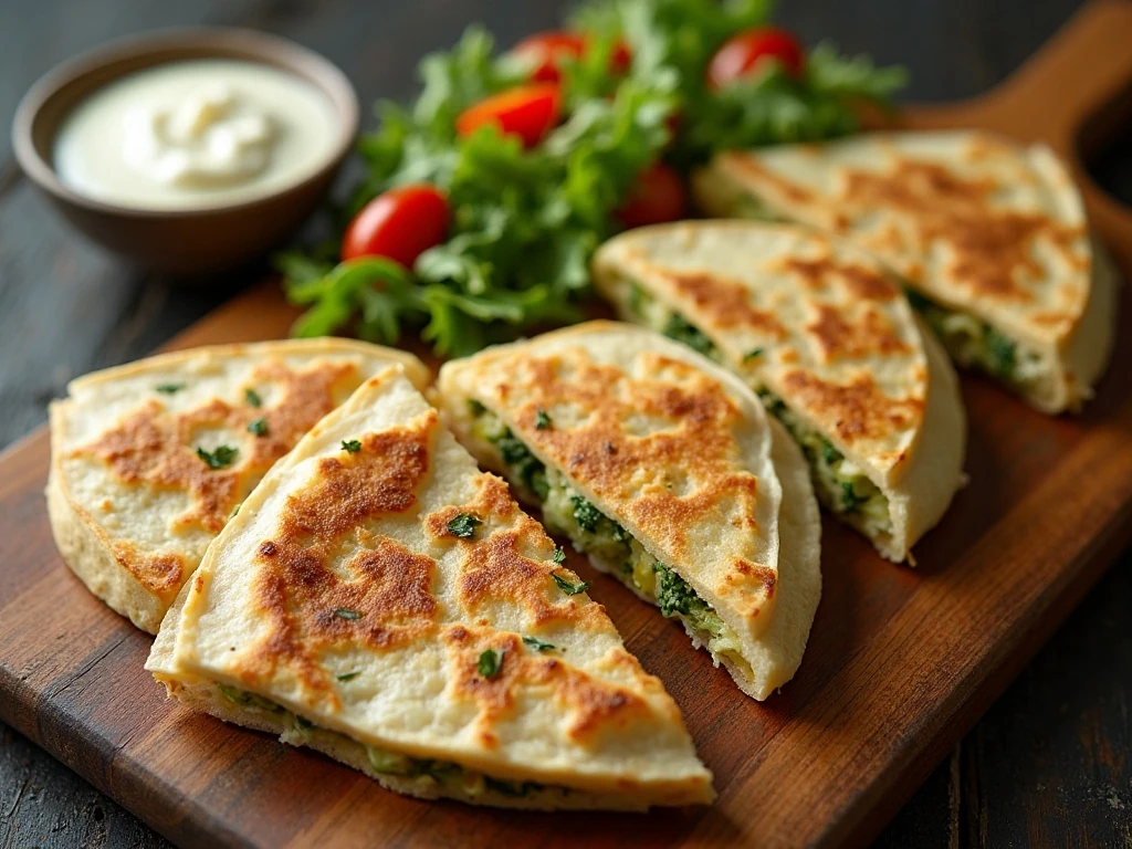 Golden turkey broccoli Alfredo quesadillas served with salad and Alfredo dipping sauce