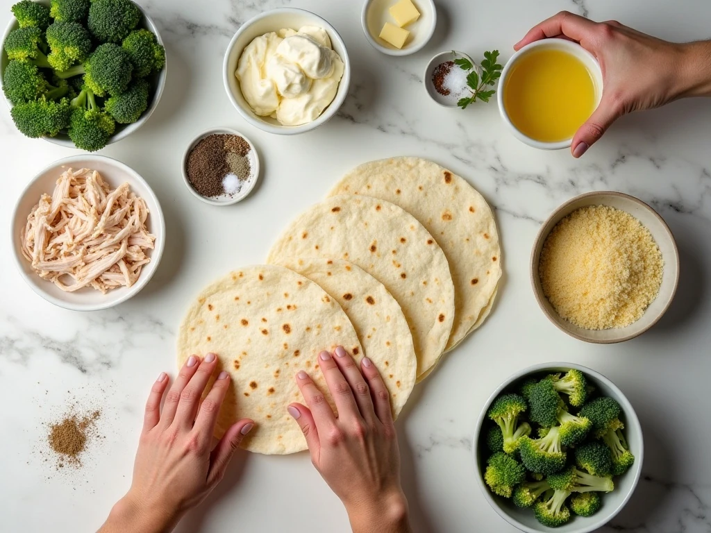 Ingredients for turkey broccoli Alfredo quesadillas