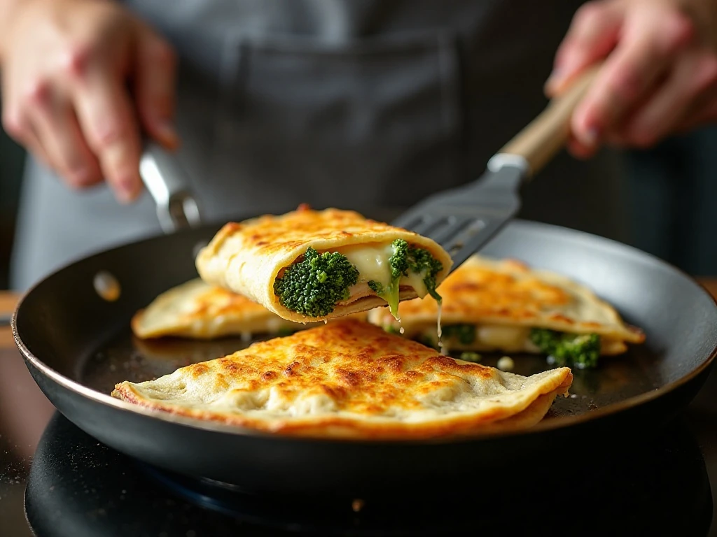 Cooking a turkey broccoli Alfredo quesadilla in a skillet