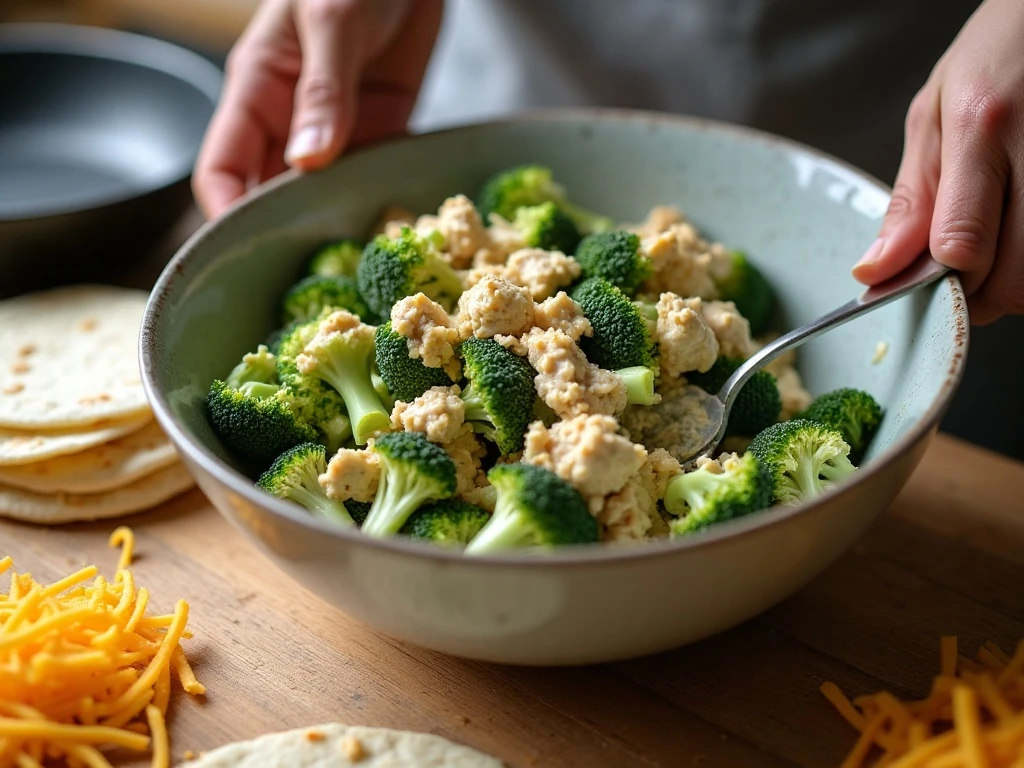 Preparing the creamy turkey and broccoli quesadilla filling
