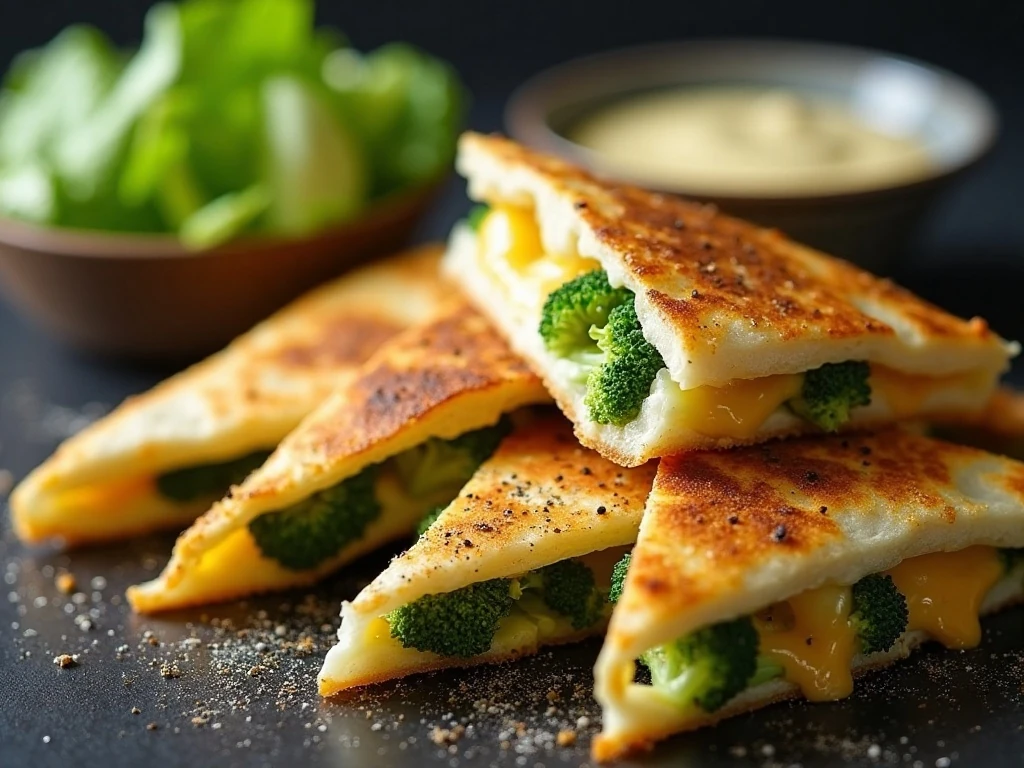 Close-up turkey broccoli Alfredo quesadilla wedges with dipping sauce