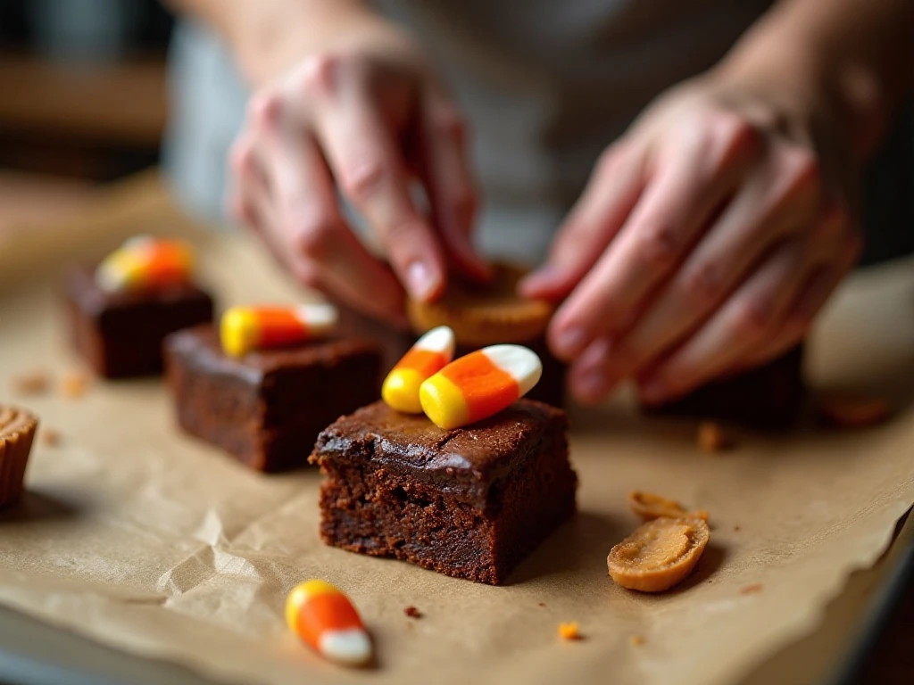 Decorating brownies with candy corn and chocolate candy turkey heads