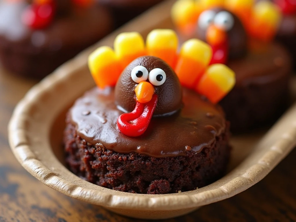 Close-up of a decorated turkey brownie with candy-corn feathers