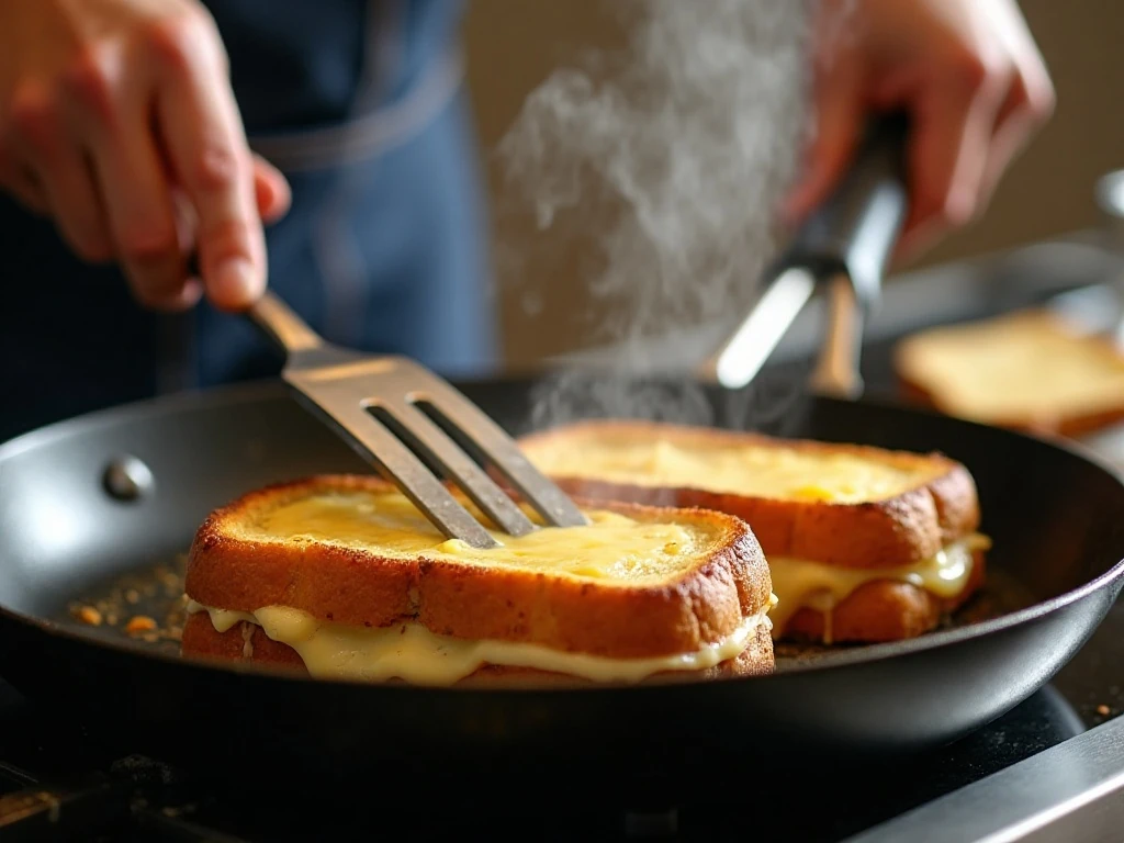 Turkey grilled cheese sandwiches cooking in a skillet