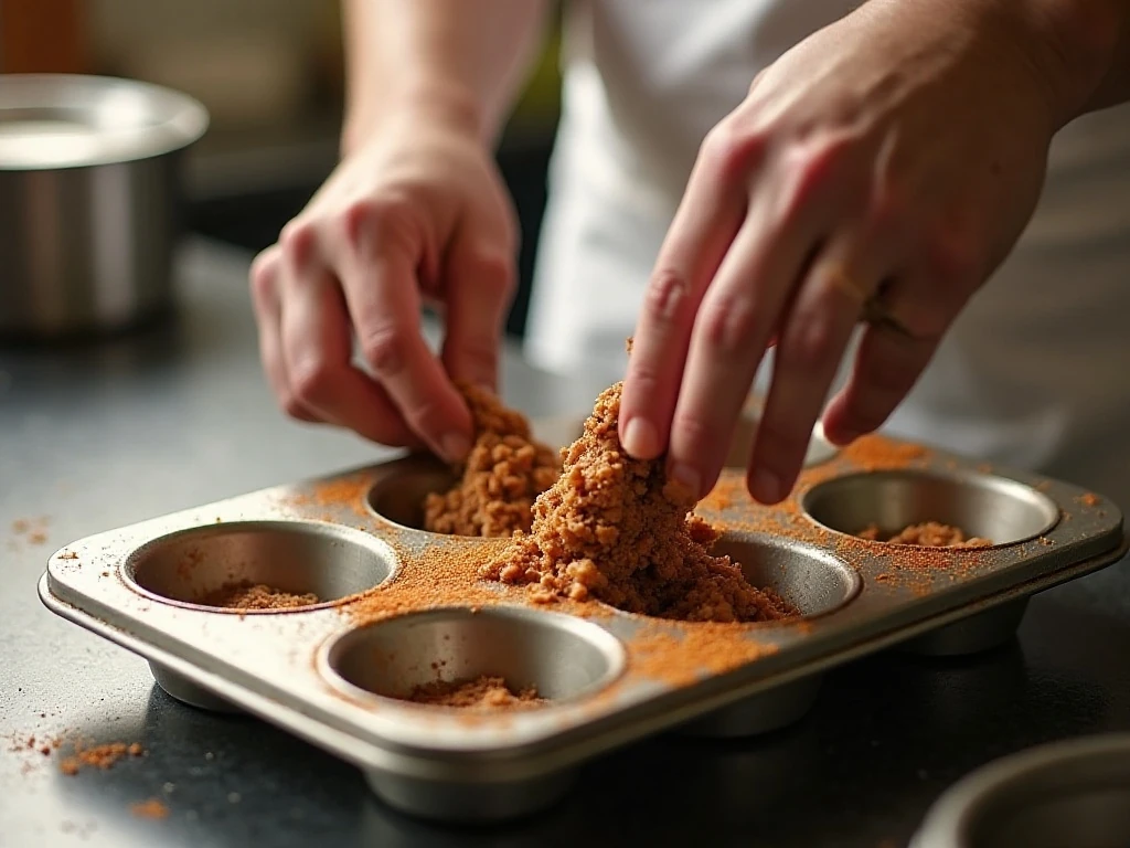 Turkey mixture being shaped in a donut pan